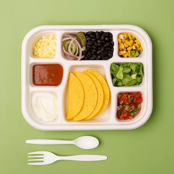 Six-well bagasse school meal tray holding a full separated meal with cutlery