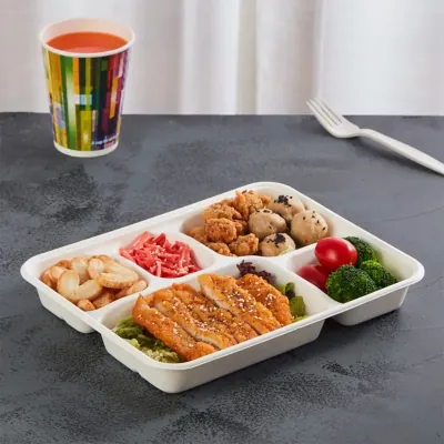 White bagasse compartment tray holding a fried fish meal with vegetables
