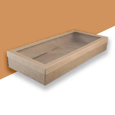Kraft catering tray with a clear window lid, shown closed and empty