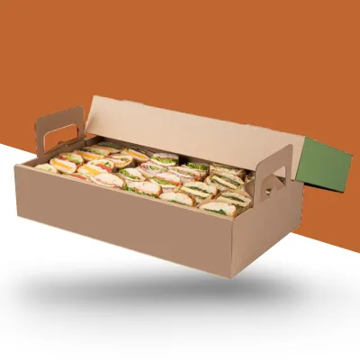 Catering tray with hand holes and a green lid being closed over filled sandwiches
