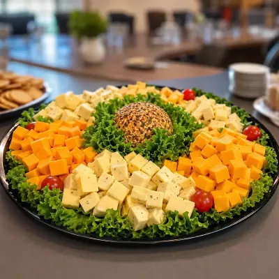 Large round platter arranged with cheese cubes, garnish and crackers