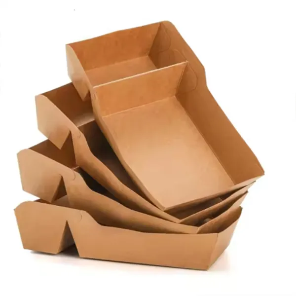 Stack of kraft chip and dip trays showing the raised dip section