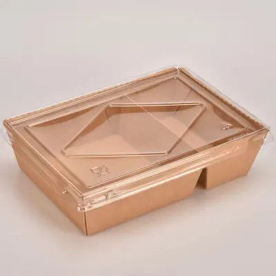 Kraft compartment tray with a clear fitted lid, shown closed