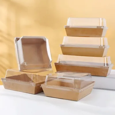 Range of kraft compartment trays with clear lids stacked together