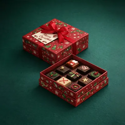 Red compartment cookie box holding individual chocolates and biscuits