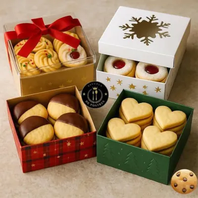 Festive window boxes holding piped biscuits and small bakes