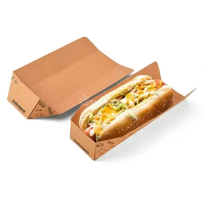 Kraft corn dog tray shown flat and assembled holding a battered corn dog