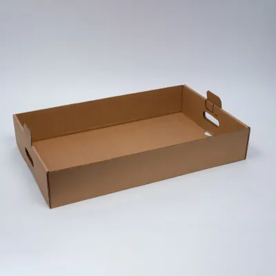 Plain corrugated appetizer tray with die-cut hand holes in the side walls