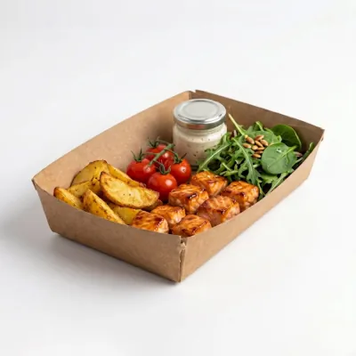 Corrugated appetizer tray holding potato wedges, tomatoes and a salad garnish
