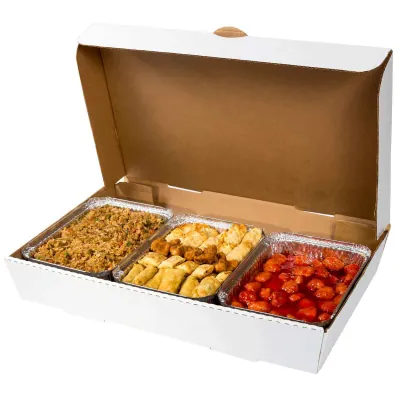 White corrugated catering tray holding three filled foil pans