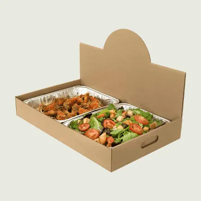 Kraft corrugated catering tray with a curved header board holding two foil pans