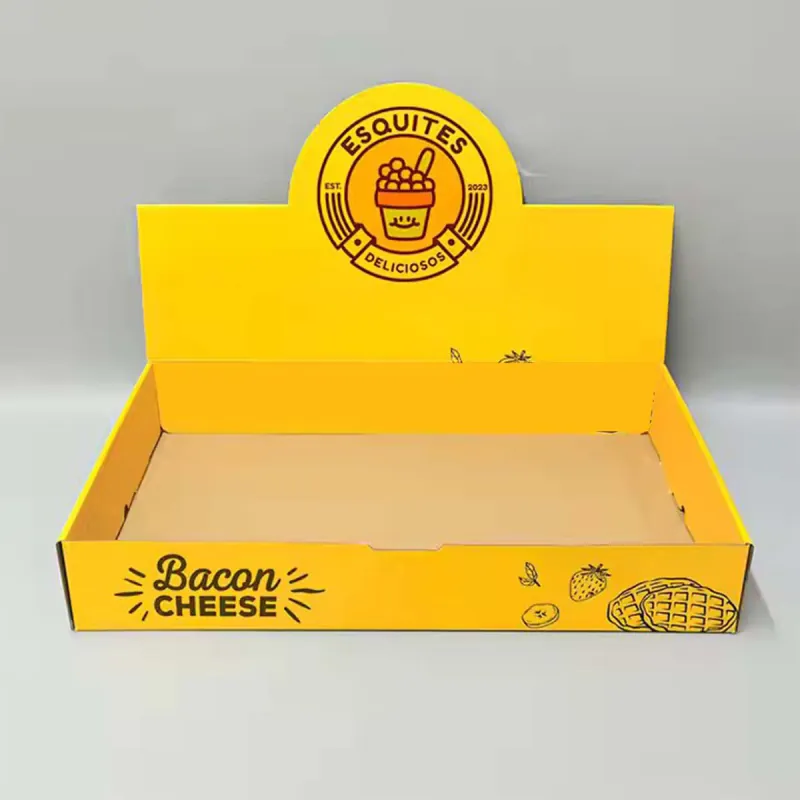 Yellow printed corrugated catering tray with a circular header badge