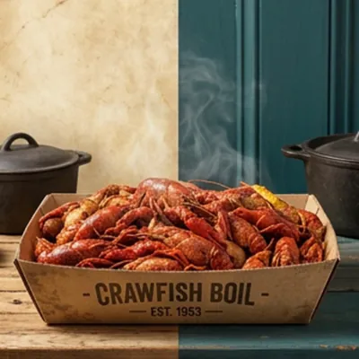 Printed kraft crawfish tray holding a large crawfish boil portion