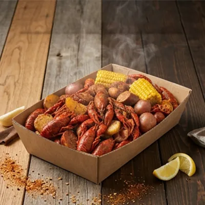 Kraft corrugated tray holding a crawfish boil with corn and potatoes