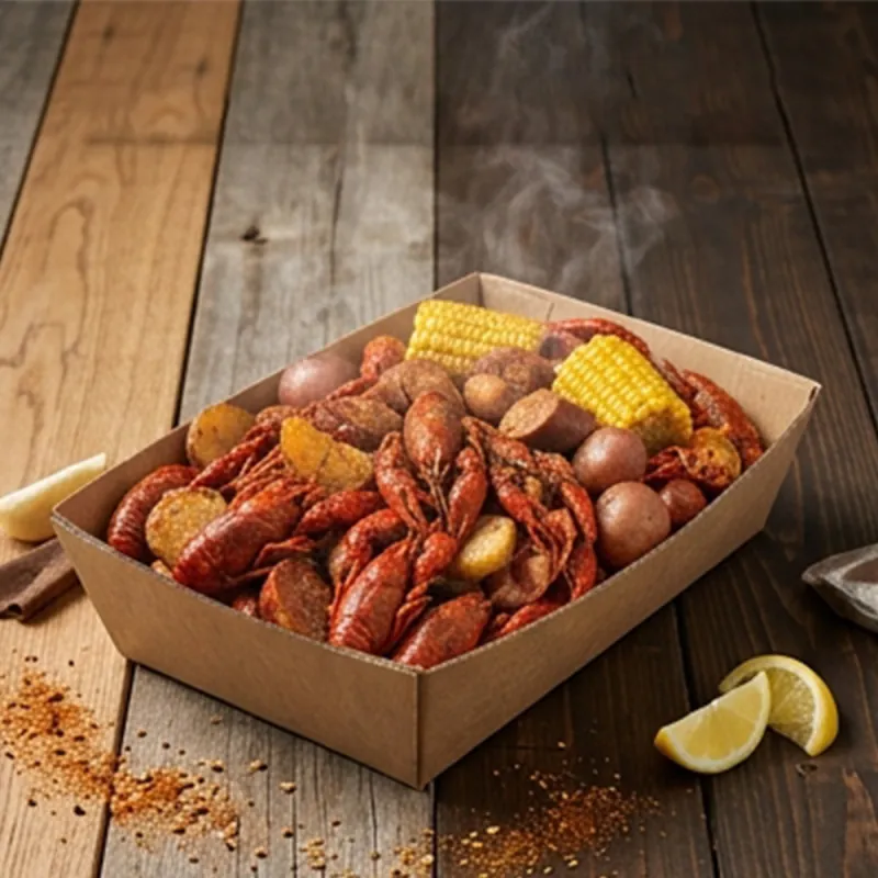 Kraft corrugated tray holding a crawfish boil with corn and potatoes