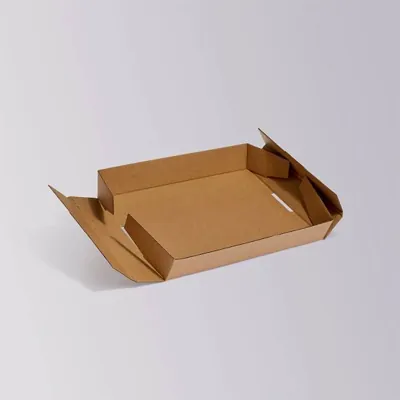 Plain corrugated deli tray with folded walls shown empty from above