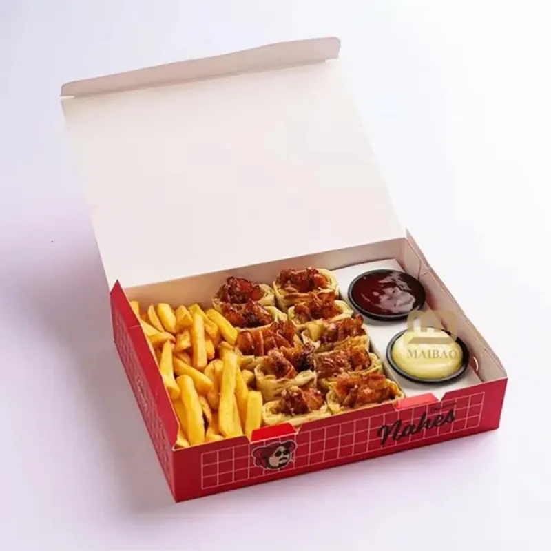Printed deli tray holding fried chicken wings, fries and dip pots