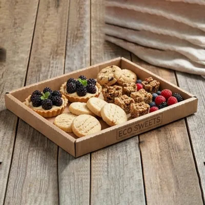Kraft dessert platter holding tarts, biscuits and fresh berries on a wooden table