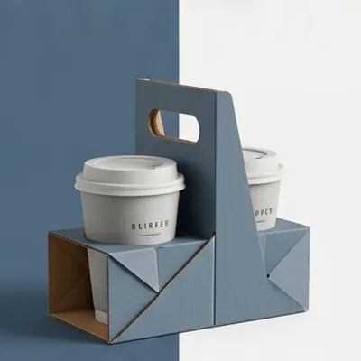Two-cup corrugated drink carrier holding takeaway coffee cups