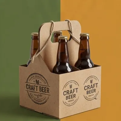 Four-bottle corrugated carrier printed with a craft beer design
