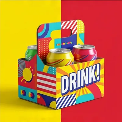 Brightly printed four-can drink carrier in a bold graphic design