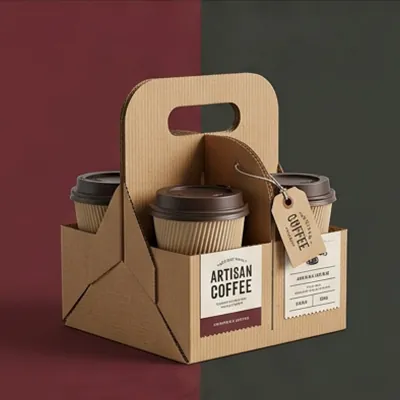 Kraft four-cup drink carrier with a handle holding coffee cups and a hang tag