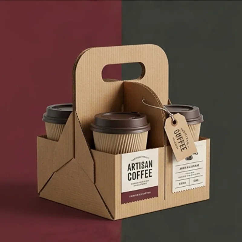 Kraft four-cup drink carrier with a handle holding coffee cups and a hang tag