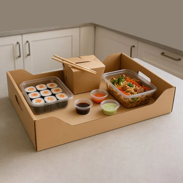 Corrugated food tray carrying a sushi box, a salad container and dip pots on a kitchen counter