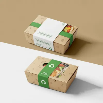Two closed corrugated food trays with printed paper sleeves, one holding sushi