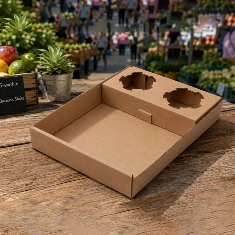 Corrugated carry tray with die-cut cup holes and a food compartment