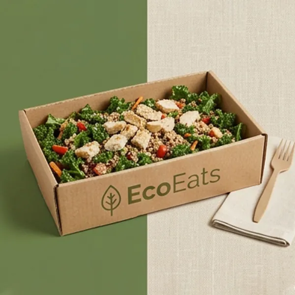 Printed corrugated lunch tray holding a chicken and kale salad with a wooden fork