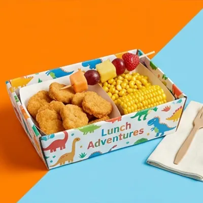 Illustrated corrugated lunch tray holding a childrens meal of nuggets, corn and fruit