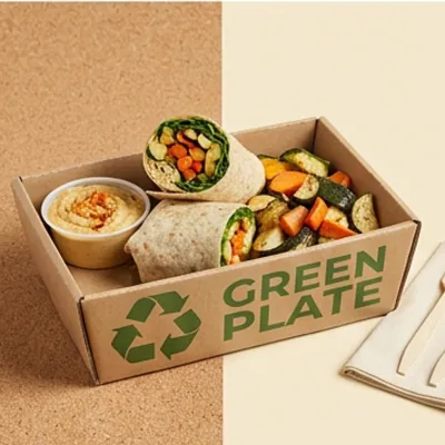 Printed corrugated lunch tray holding wraps and a dip pot