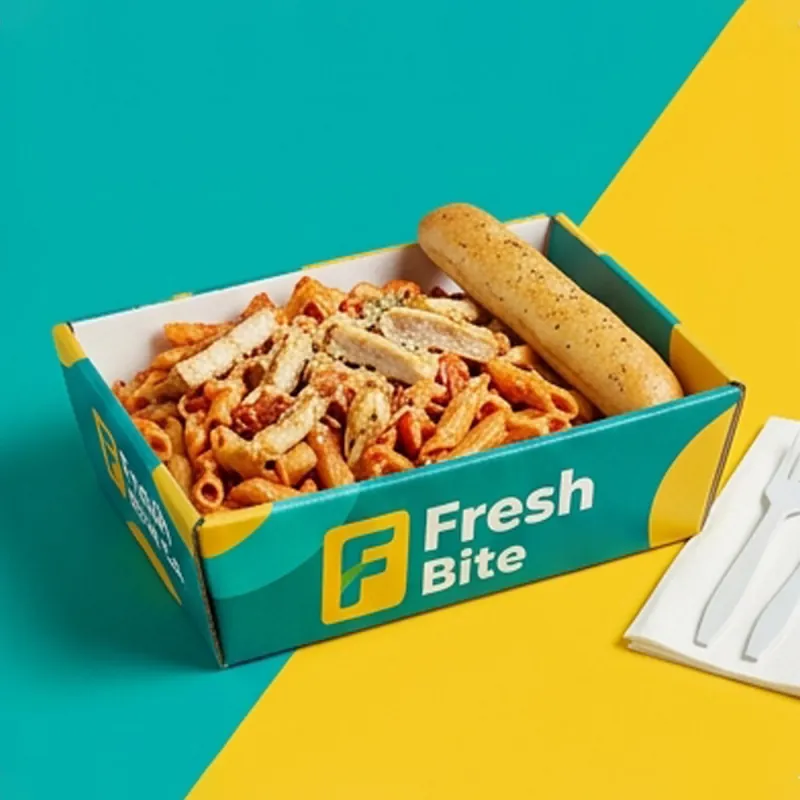 Printed corrugated lunch tray in teal and yellow holding pasta and a bread stick