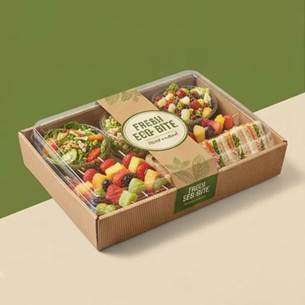 Divided kraft party tray with a clear lid holding fruit, vegetables and dips