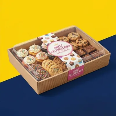 Party tray of assorted sweet bakes under a clear lid on a yellow background