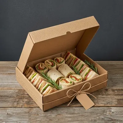 Kraft sandwich platter box holding rolled wraps, tied with string
