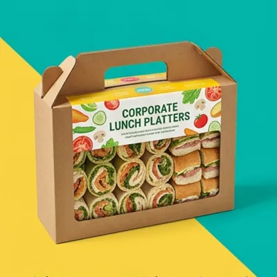 Printed corporate lunch platter box with a carry handle, filled with wraps
