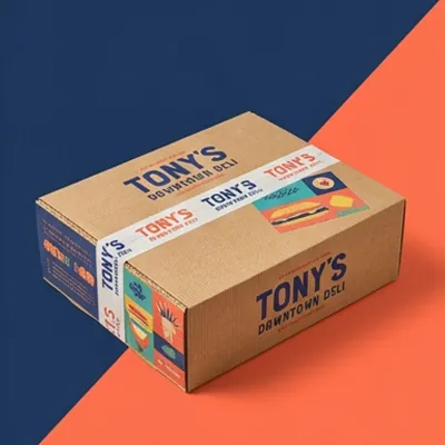 Printed deli sandwich platter box in navy and orange brand colours