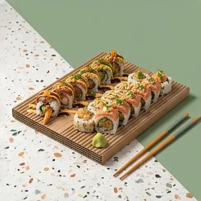 Corrugated sushi platter holding an arranged selection of maki rolls with chopsticks