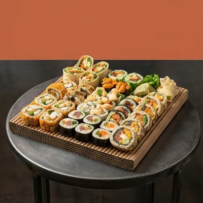 Corrugated sushi platter on a dark table holding rows of sushi rolls