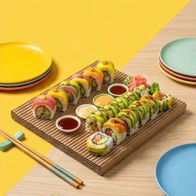 Corrugated sushi platter holding colourful rolls with dipping sauce pots