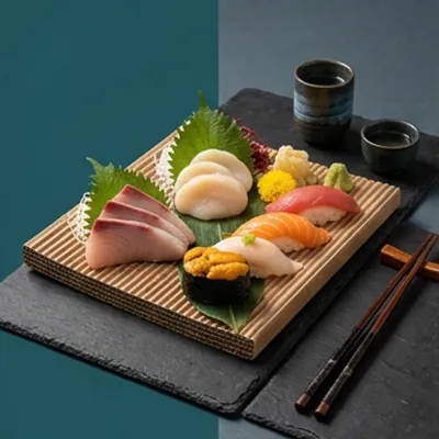 Corrugated sushi board holding sashimi and nigiri on a slate surface