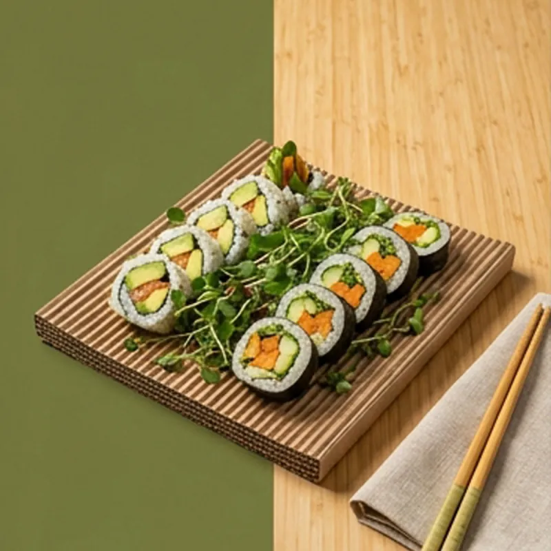 Corrugated sushi platter holding maki rolls garnished with micro herbs