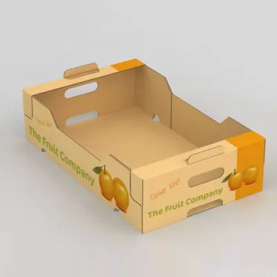 Printed corrugated produce tray in yellow and white holding lemons