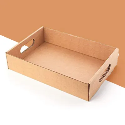 Kraft corrugated produce tray with a hand hole, shown empty
