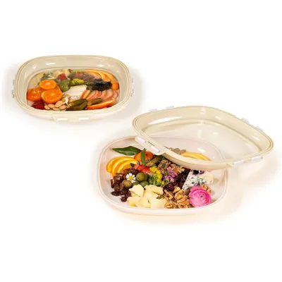 Oval moulded fibre crudité trays with clear fitted lids