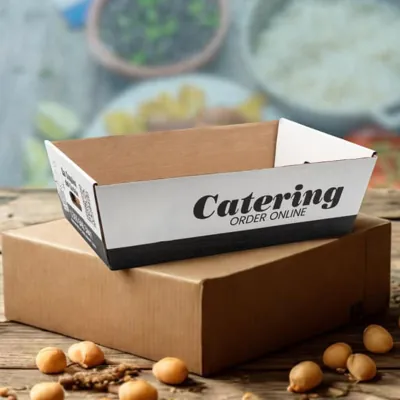 Kraft catering tray printed with a catering ordering message on the side wall