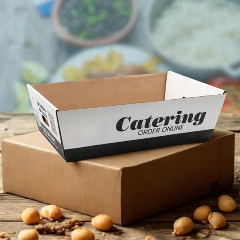 Kraft catering tray printed with a catering ordering message on the side wall