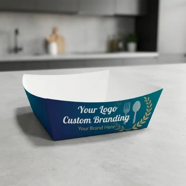 Custom printed food tray showing branded artwork across the side wall